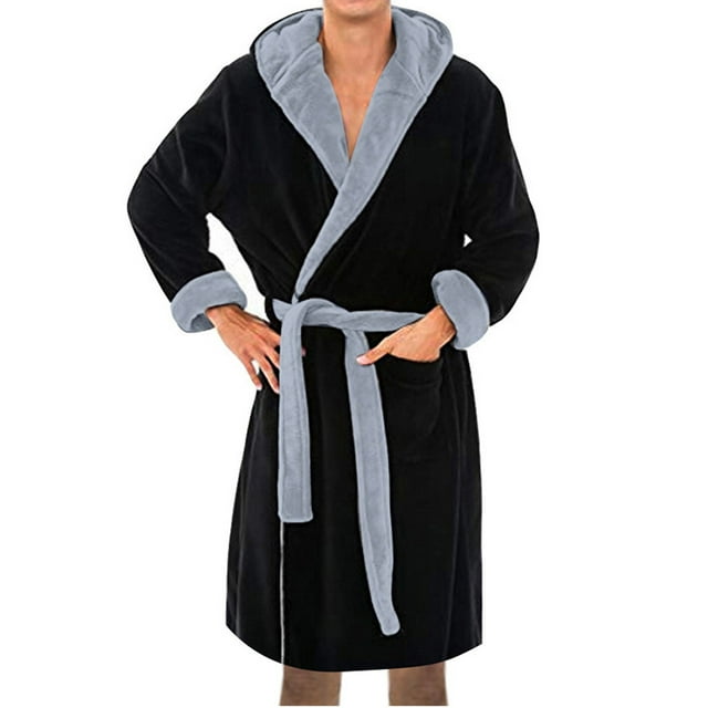 Blekii Men's Plush Bathrobe, Long Sleeve Shawl Collar Kimono, Thick Terry Cloth Robe for Winter, Oversized Home Spa Robe, Absorbent Robe After Shower, Luxury Hotel Style Bathrobe for Men Grey