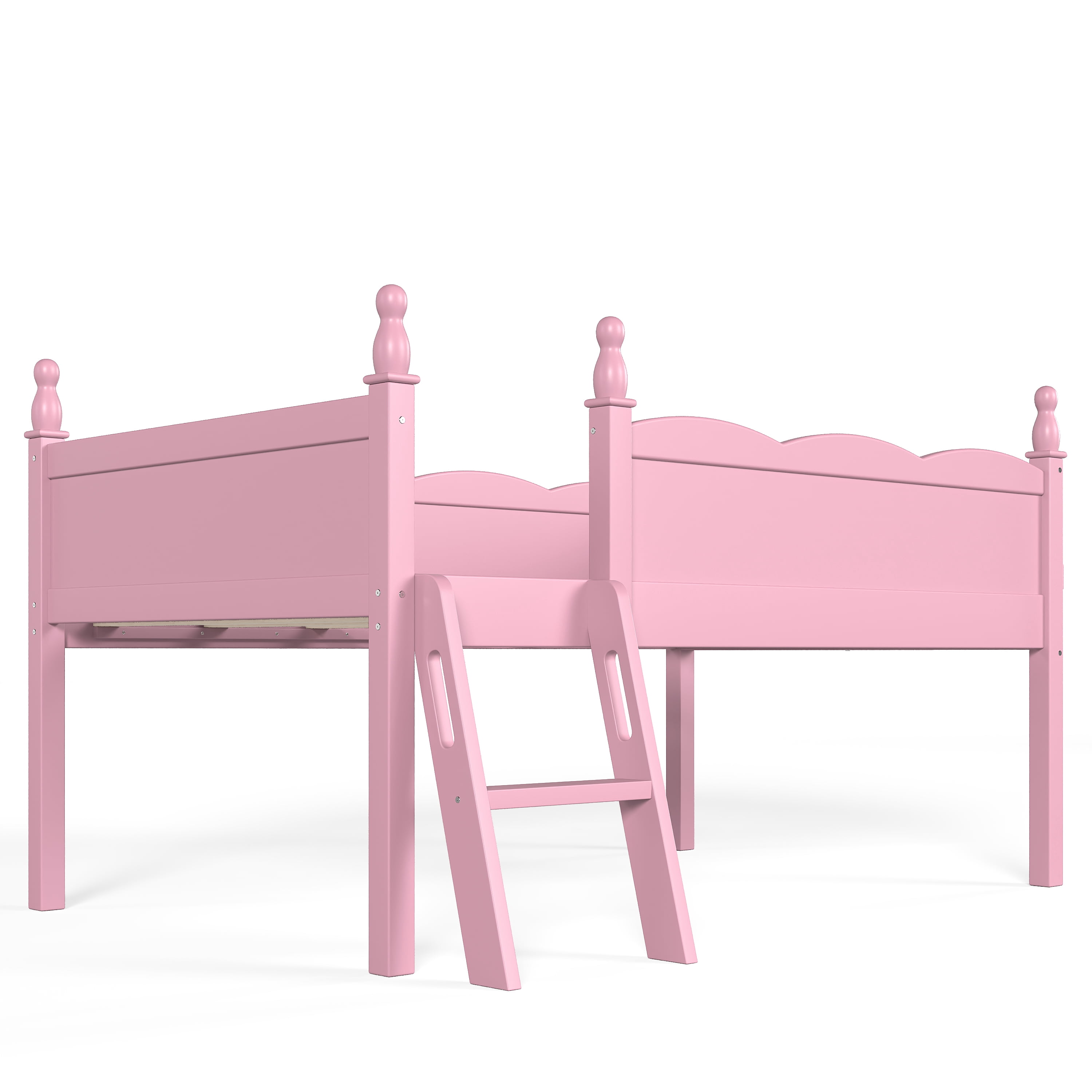 Safe Twin Size Low Loft Bed with Full-Length Guardrails and Bookshelf, Solid Wood Bed with Ladder for Kids and Teens, Pink