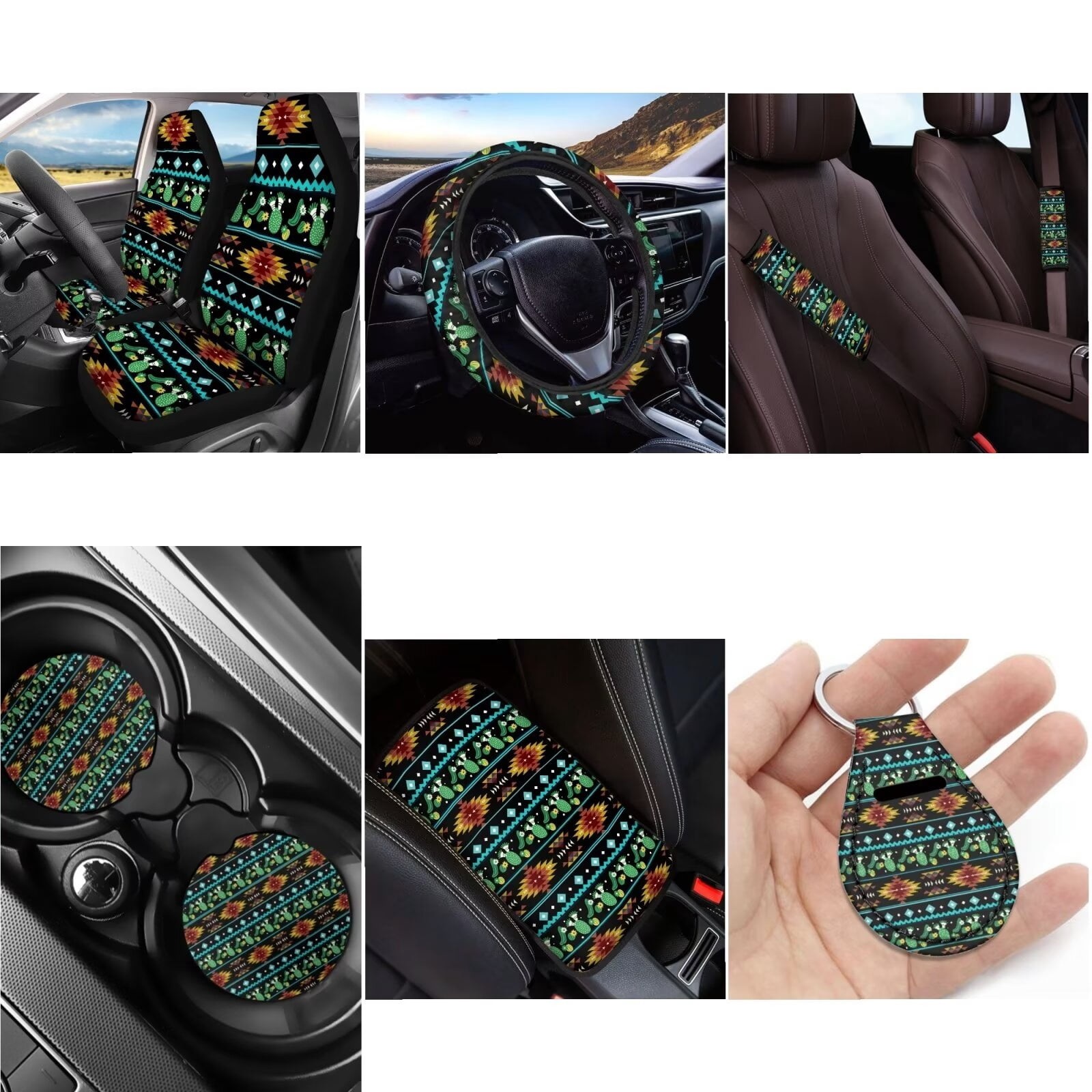 LedBack Aztec Southwest Car Seat Covers Full Set 12 Piece, Easy Install Car Accessories Set Breathable Cactus Steering Wheel Cover Car Armrest Pad Cover Car Armrest Pad Cover for Women Men
