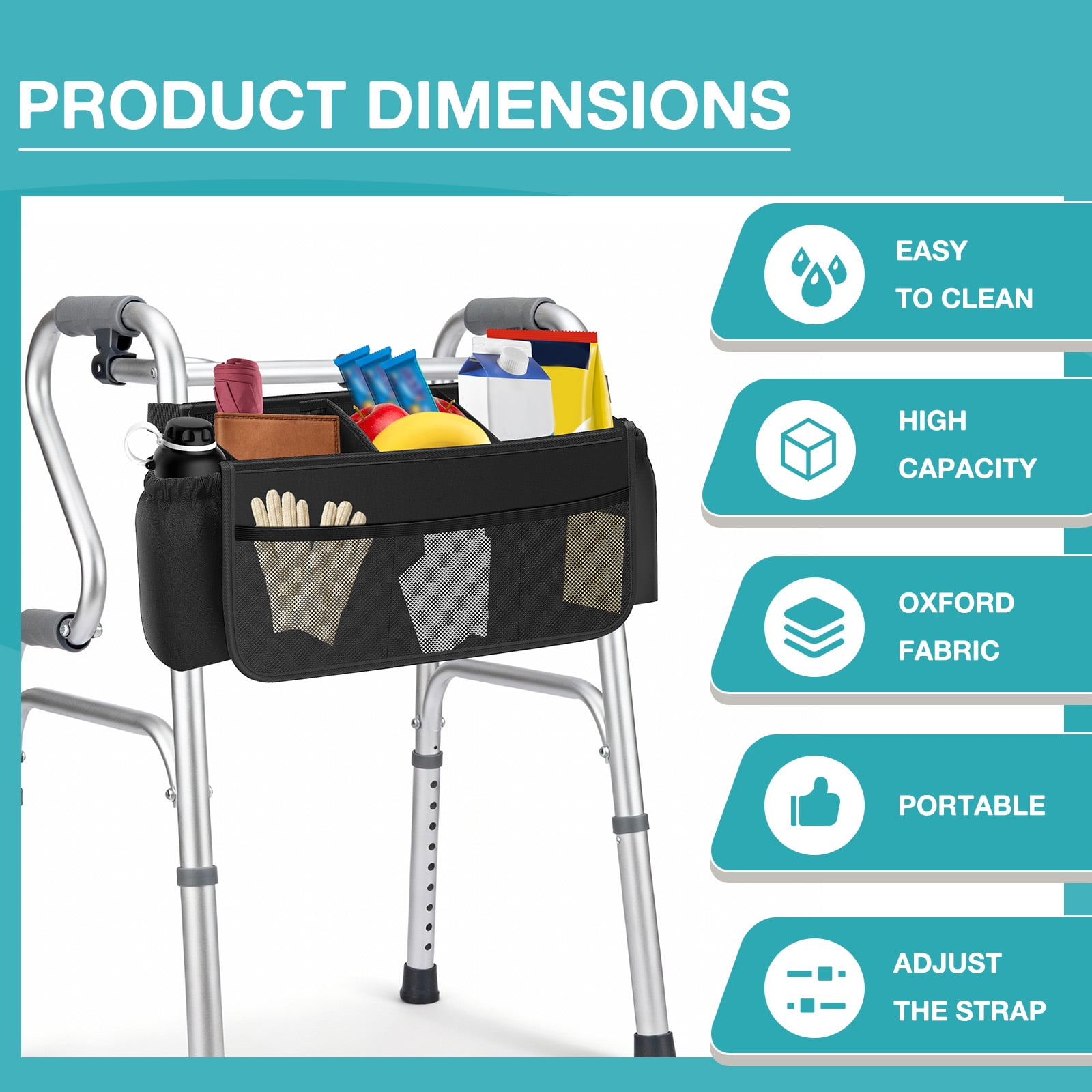 Upgrade Walker Basket with Cup Holder Foldable Walker Storage Bag for Seniors with Big Capacity & Never Tipping Over