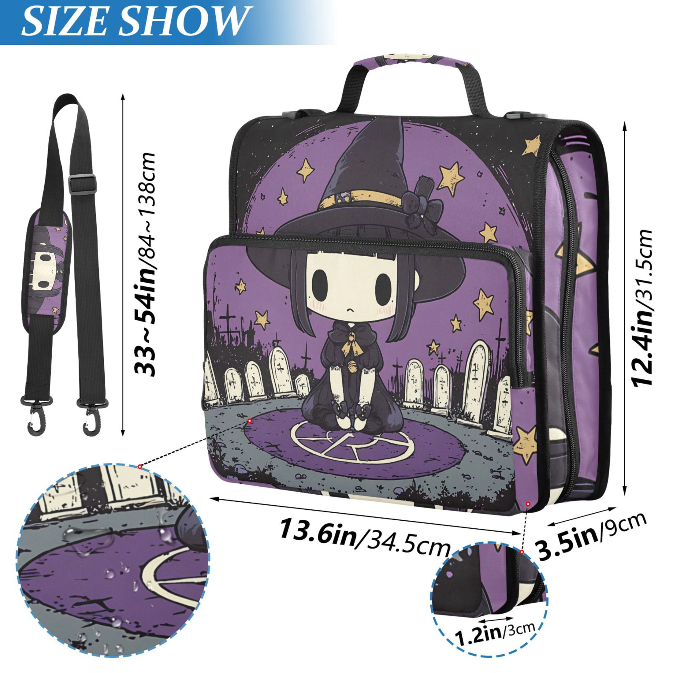 3 Ring Zipper Binder with Shoulder Strap Waterproof Trapper Keeper 2 Inch D-Ring 500 Sheets Capacity Cute Witch Tombstones Star