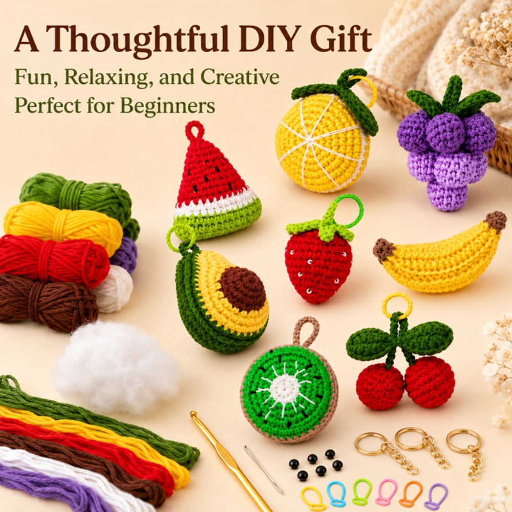 8 Pack Fruit Crochet Kit for Beginners, Fruit Amigurumi Starter Set with Step by Step Video Tutorial, TIKA