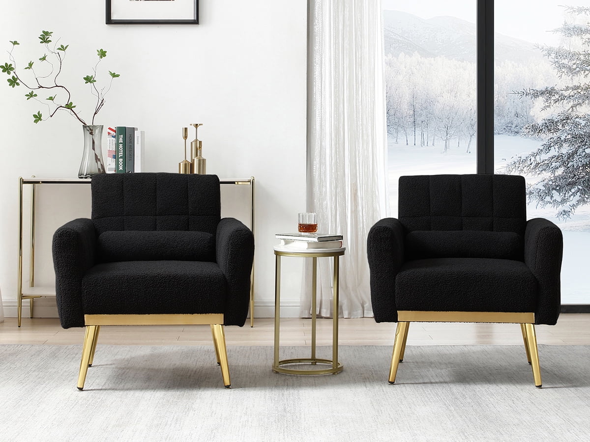 Black Modern Accent Chairs Set of 2 for Living Room Teddy Fabric