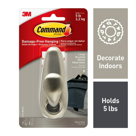 Command Adhesive Mount Metal Hook, Large, Brushed Nickel Finish, 1 Hook & 2