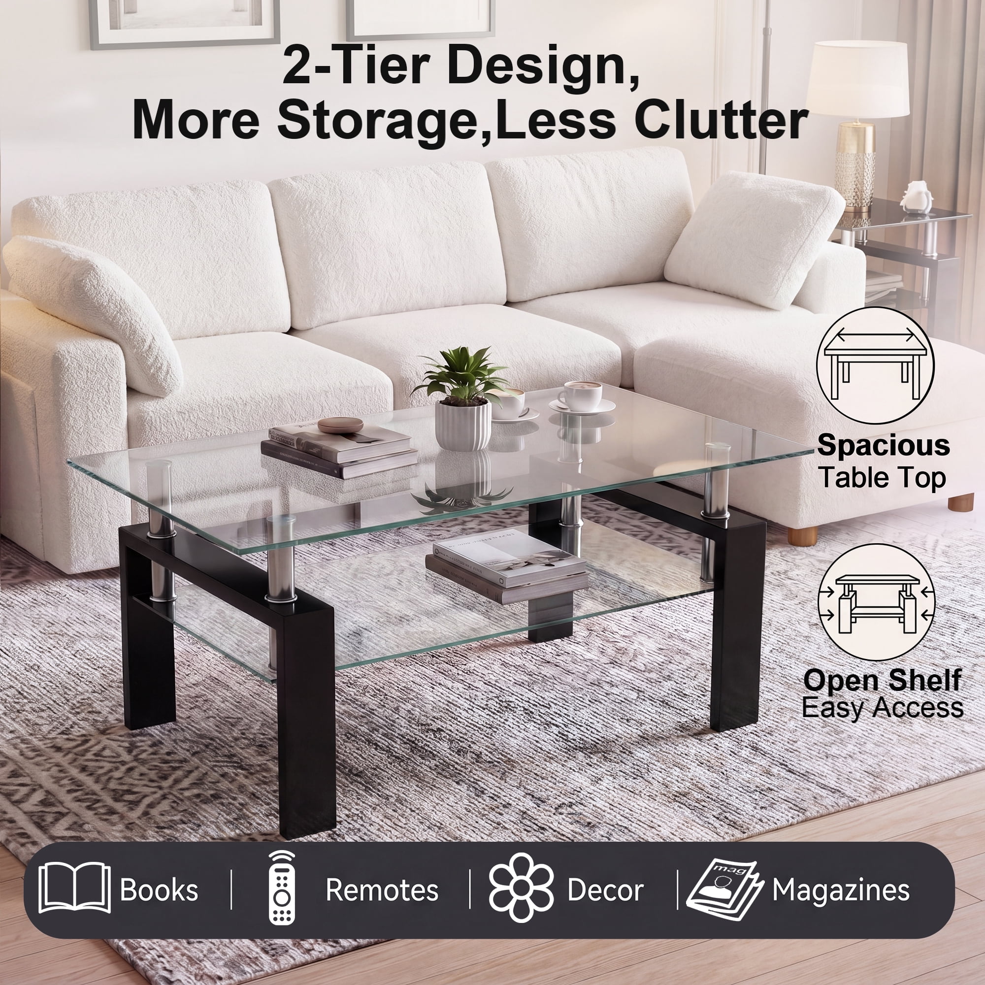 Glass Coffee Table with Lower Shelf, Holaki Modern Rectangular Tempered Glass Center Table with Metal Legs for Living Room, Black