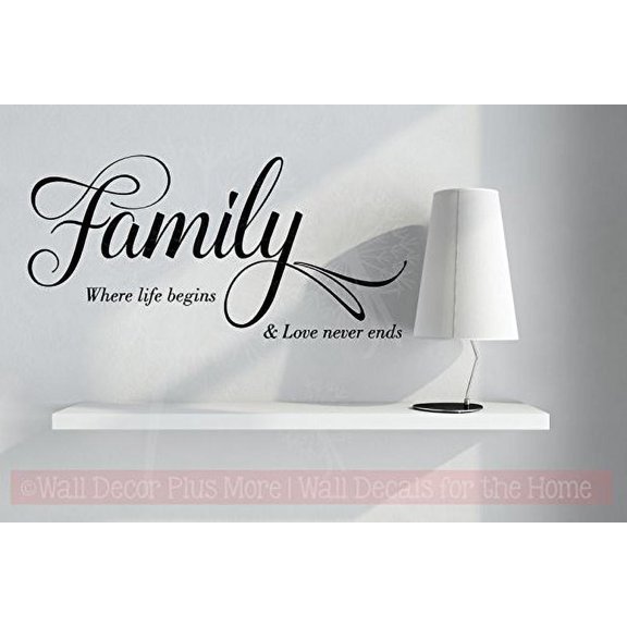 Family Life Begins, Love Never Ends Vinyl Lettering Wall Decals Family Quotes, 23x11-Inch, Black
