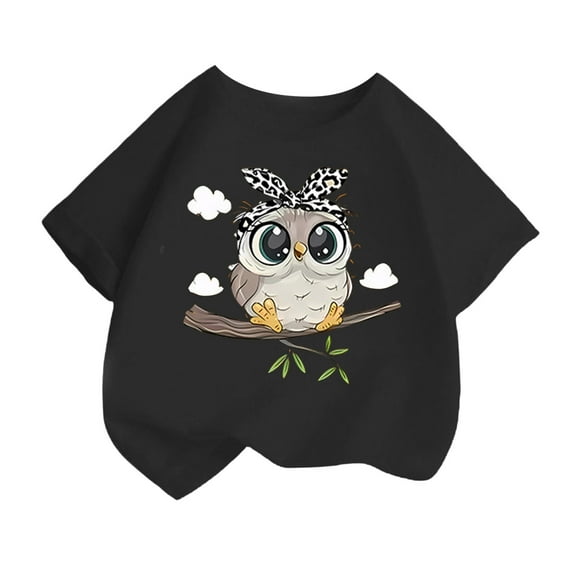 Curuila Kid Girls Tops Cartoon Print Crew Neck Short Sleeve Tee Summer Casual Loose T Shirt Black Size 2-4 Years