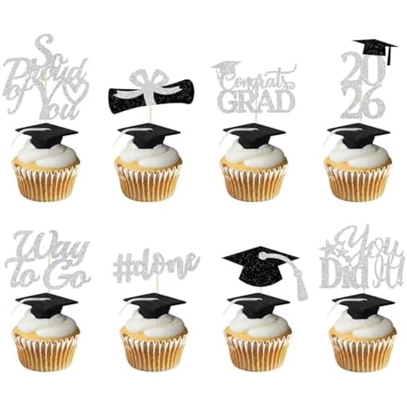Graduation Decorations 2026 Silver White, Graduation Cupcake Toppers 2026 Silver White Black, Glitter Class of 2026 Cupcake Toppers Supplies, Congrats Grad Cap Diploma Cupcake Picks - 40Pcs