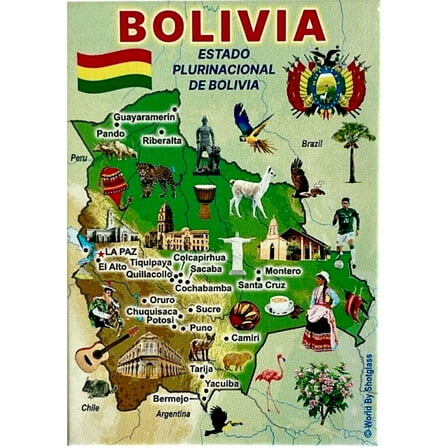Bolivia Graphic Map and Attractions Souvenir Fridge Magnet 2.5" X 3.5"