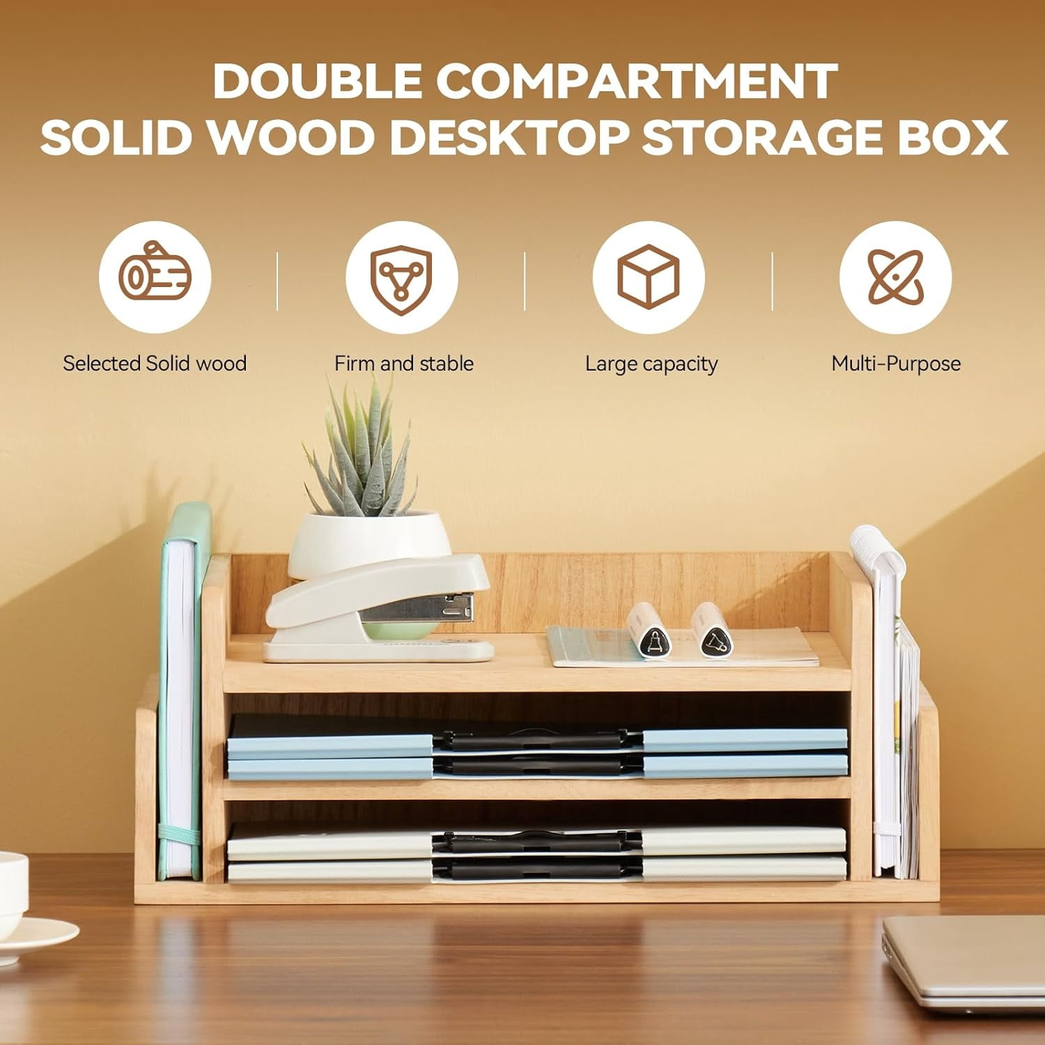 Wood 3-Tier Office Desktop Document Tray - Mail Sorter Organizer Rack - Wooden Document Letter Stand for Folders, Mail, Stationary, Desk Accessories Natural