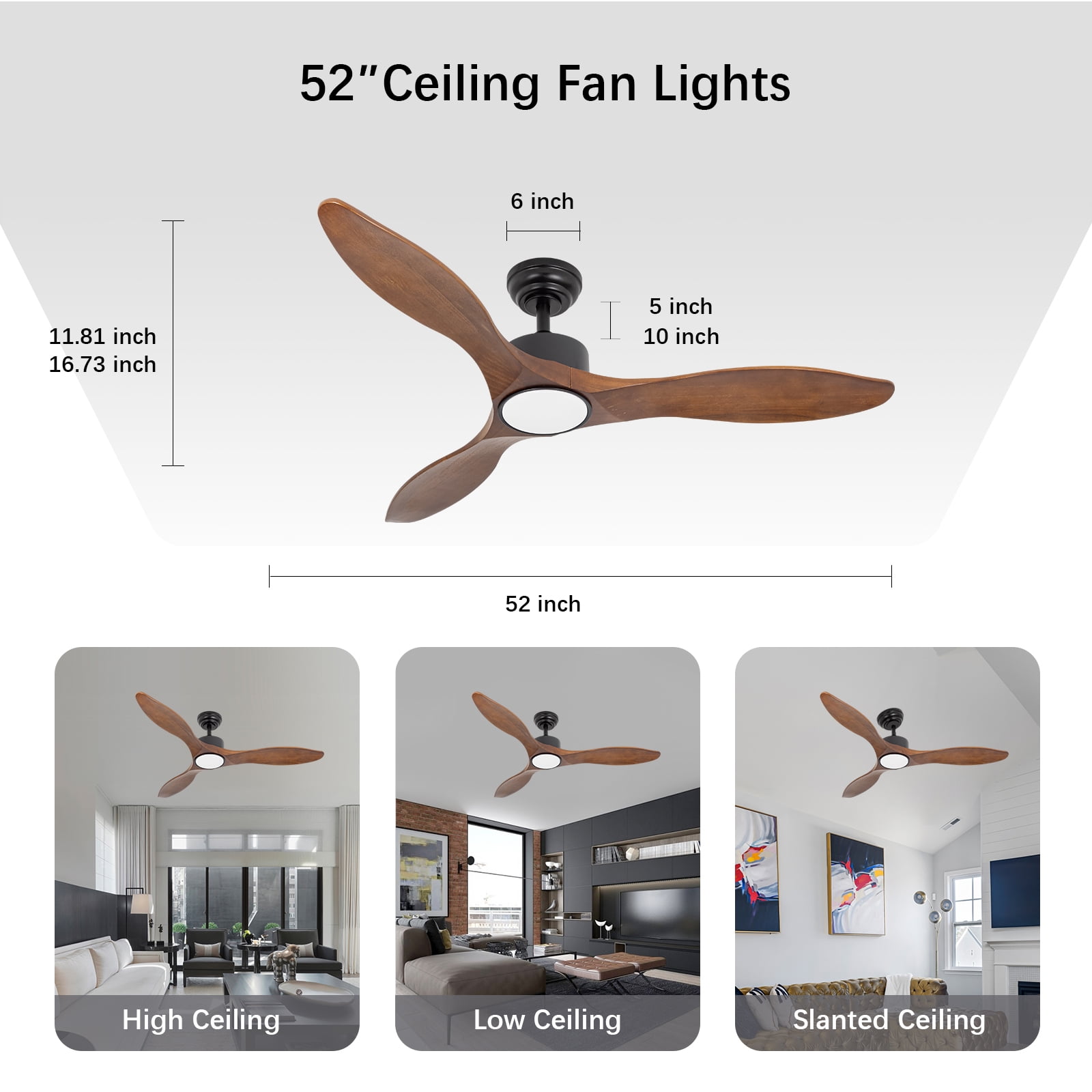 Wozzio 52-Inch Ceiling Fan with Integrated LED Light and Remote Control for home,living room and more