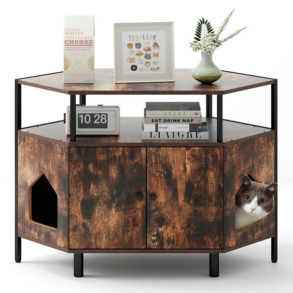 Gymax Corner Cat Litter Box Enclosure End Table w/ Open Shelf 2 Entries Double Doors Rustic Brown
