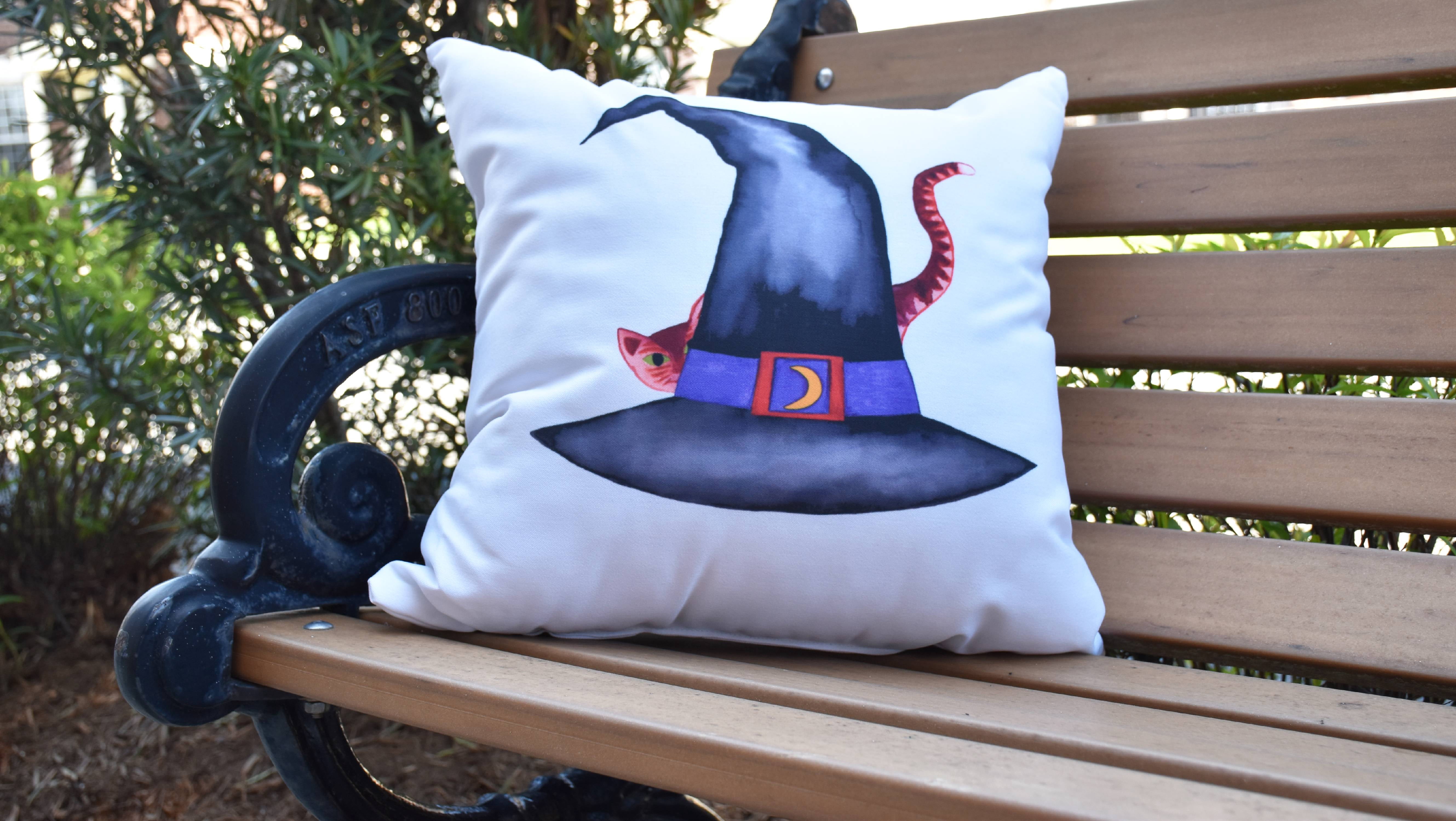 Simply Daisy, 16" x 16" Cat Behind the Hat Cream Halloween Print Decorative Throw Pillow