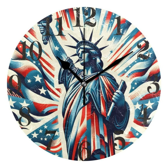 Statue Liberty with America Flat Wall Clock 9.8 inch Battery Operated Clocks Non-Ticking Silent for Bedroom Office Kitchen Living Room