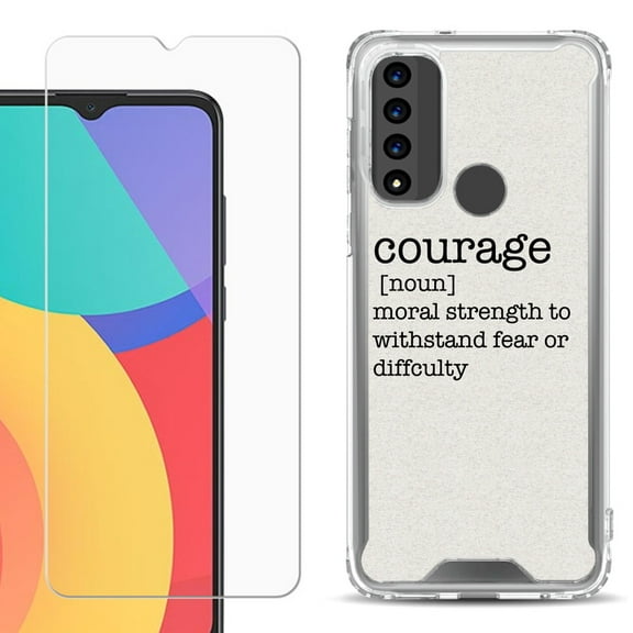 Shockproof Bumper Phone Case for TCL 20 XE, with Tempered Glass Screen Protector, by OneToughShield ® - Dictionary/Courage