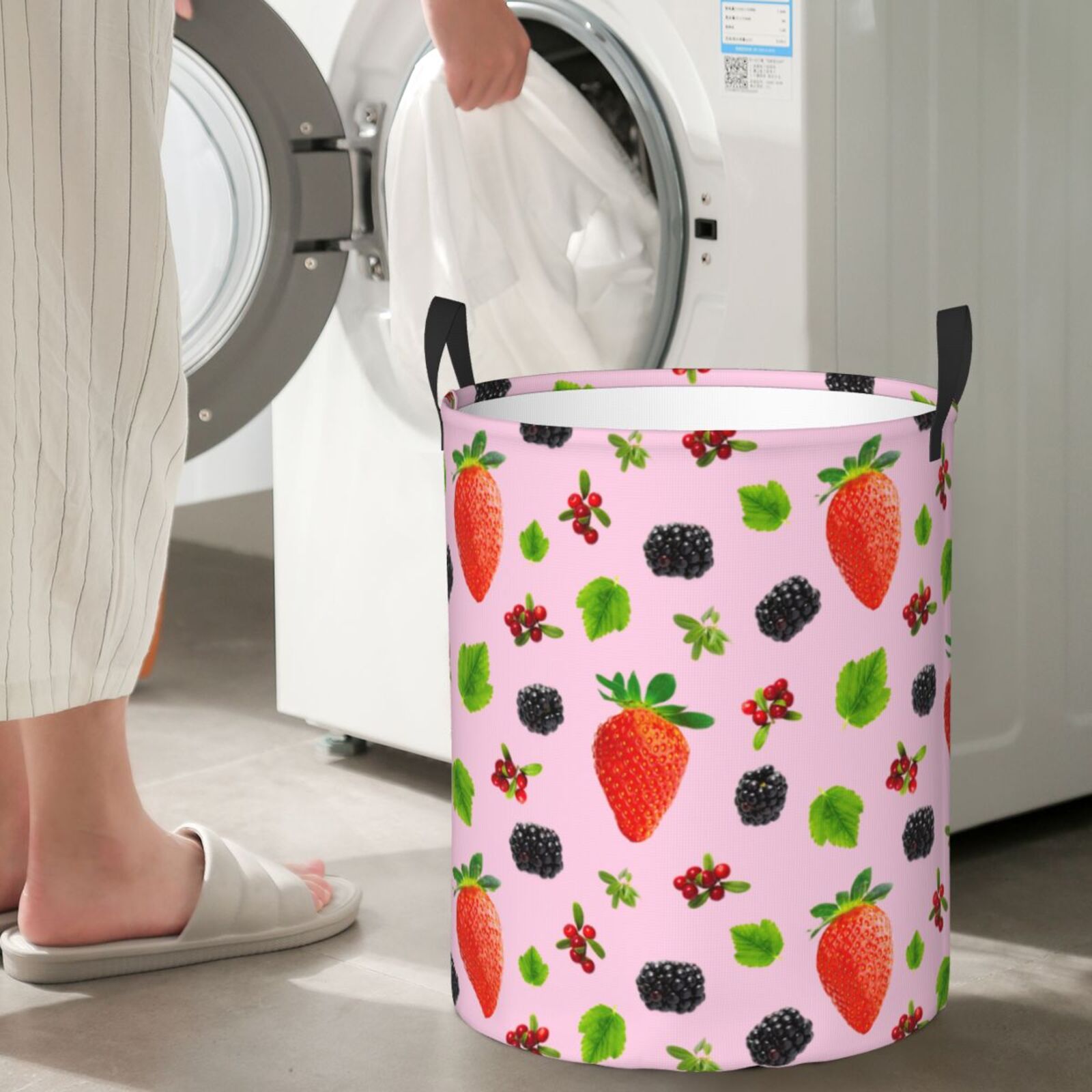 Large Laundry Basket with Handles - red Strawberry black Kids Baby Dirty Clothes Laundry Hamper for Bedroom Aesthetic