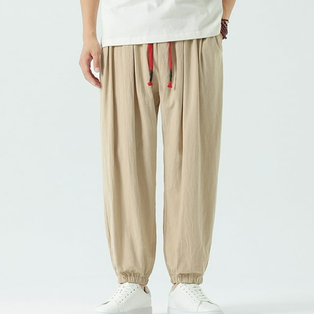AherBiu Plus Size Mens Linen Pants Drawstring Joggers for Men Elastic Waisted Casual Loose Trousers