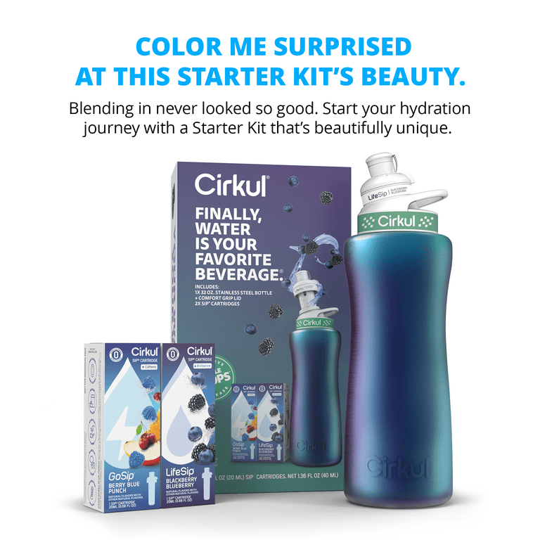 Cirkul 32oz Chameleon Stainless Steel Starter Kit with Chameleon Cirkul Lid  2.0 and 2 Flavor Cartridges (Blackberry Blueberry & Berry Blue Punch)