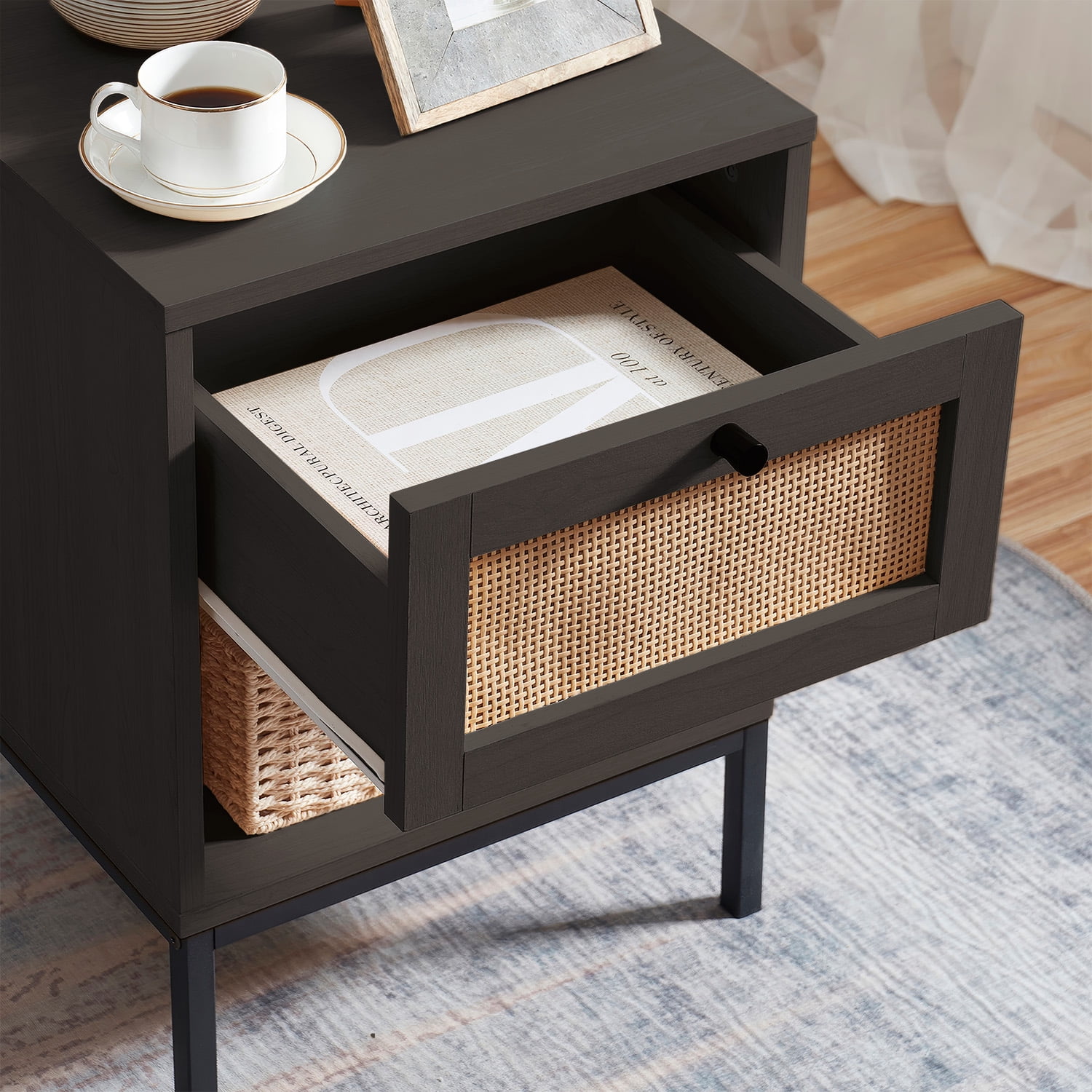 Virtu Nightstand Set of 2, Side Table with 1 Drawer, End Table for Living Room or Bedroom, Black