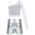 thumbnail image 2 of YONGHS Girls Jazz Hip Hop Dance Outfits Sequins One Shoulder Crop Top with Shorts Set Silver 8, 2 of 7