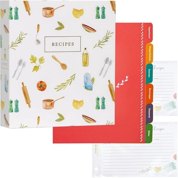 8.5" x 11" Sturdy 3 Ring Recipe Binder with Spill-Proof Clear Binder Sleeves Sheet Protector, 30 Dual-Sided Recipe Card Pages for Written & Printed Recipes, Tabbed Dividers, Kitchen Toolkit
