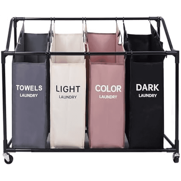 Laundry Sorter - Canvas Rolling Laundry Basket w/Metal Frame - Four-Colored Luxurious Storage Basket - Easy to Install, Multi-Colored Four-Section Laundry Sorter