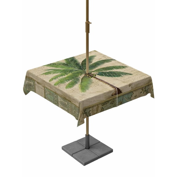 Outdoor Tablecloth with Umbrella Hole & Zipper, Summer Palm Tree Square Tablecloth 54x54 Inch, Vintage Green Brown Tropical Botanical Patio Table Cover Waterproof Table Cloth for Picnic/Party