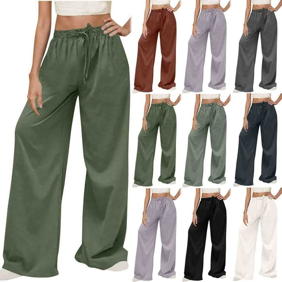 QATAINLAV Women's Casual Pants Baggy Wide Leg High Waisted Yoga Pants Solid Color Loose Lounge Palazzo Pants with Pockets Army Green M Today's Sales