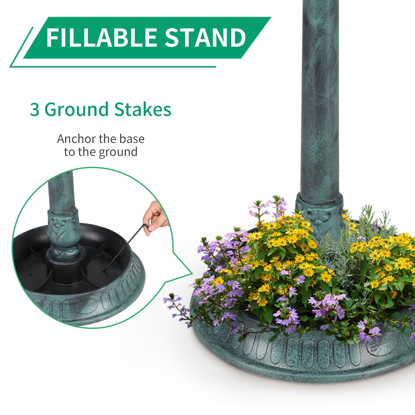 UBesGoo 42 Inch Bird Bath with Solar Light Dark Green