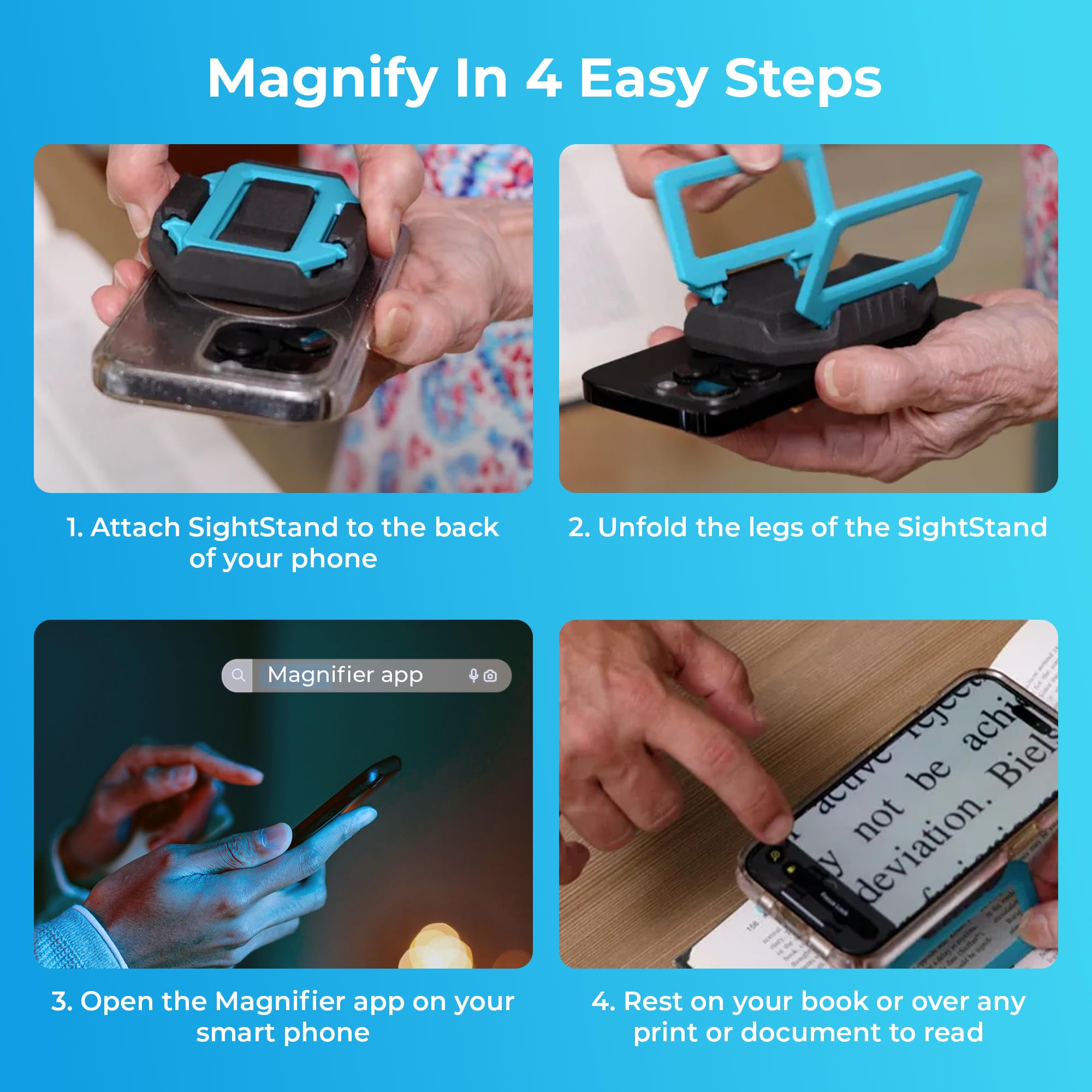 SightStand Universal Phone Stand with Clip-On Magnifier Lens – Adjustable Smartphone Holder for Reading Assistance