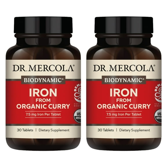 Dr. Mercola Iron from Organic Curry, 30 Servings (30 Tablets), 7.5 mg Iron Per Tablet, Dietary Supplement, Supports Immune Health, Regenerative, Certified USDA Organic, Non-GMO - 2 Pack