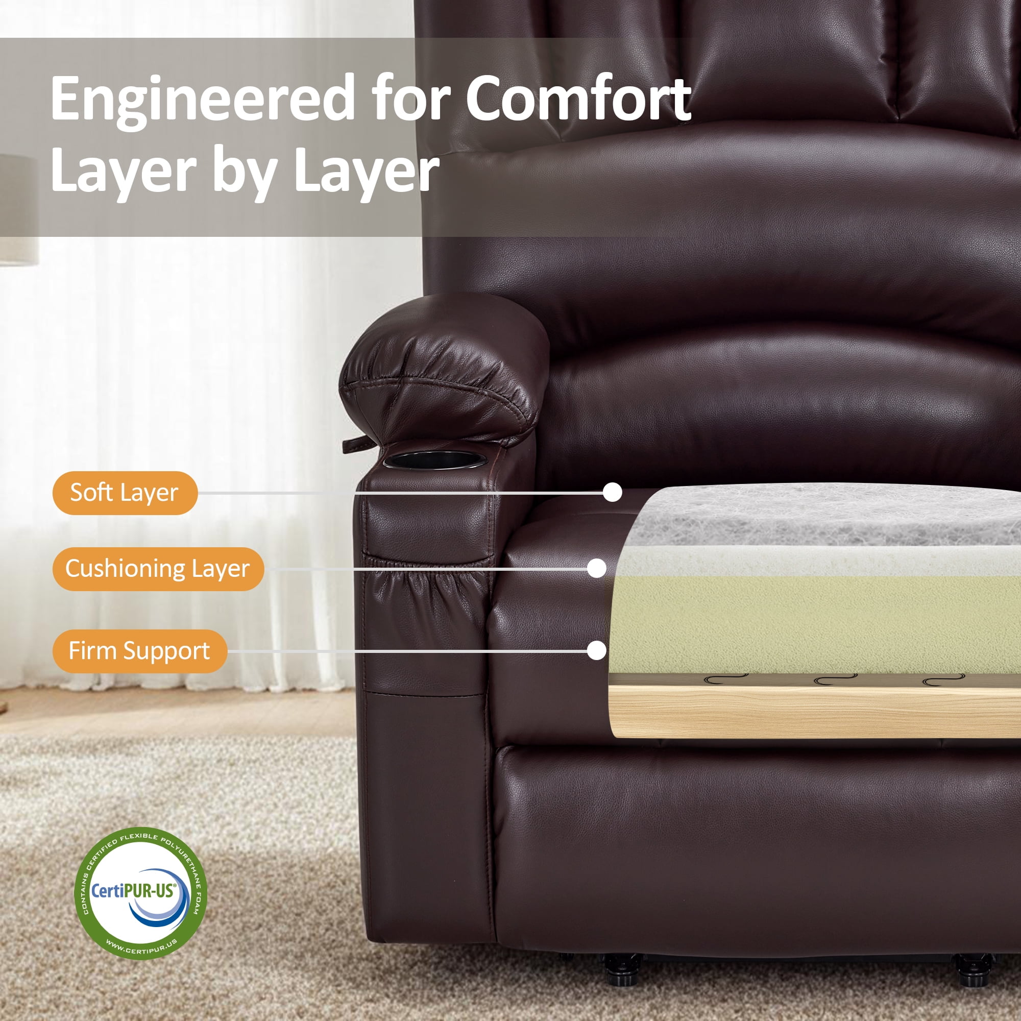 MCombo Power Lift Recliner Chair with Massage Heat, Extended Footrest, Faux Leather(Medium-Regular, Dark Brown)
