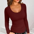 thumbnail image 2 of Scoop Neck Tops for Women Long Sleeve Slim Fit Base Tee Shirts Solid Color Casual Going Out Bkouses Fall Tshirts (XL, Wine), 2 of 4