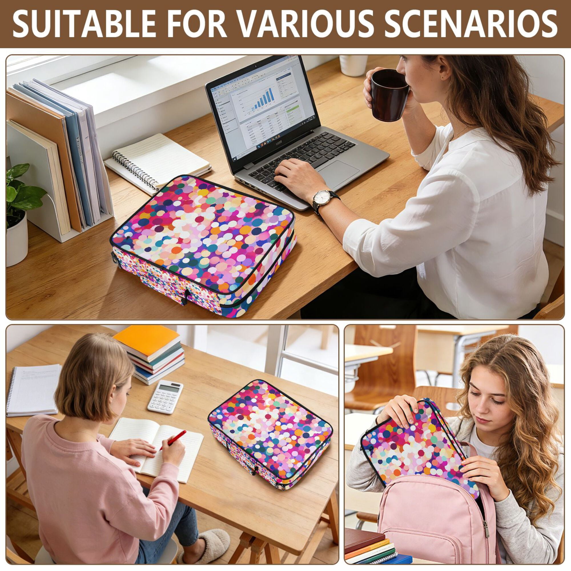 FORMRS Accordion File Folder A4 Size 7-Pocket Expanding Document Organizer Bag with 3 Ring Binder, Purple Colorful Circles