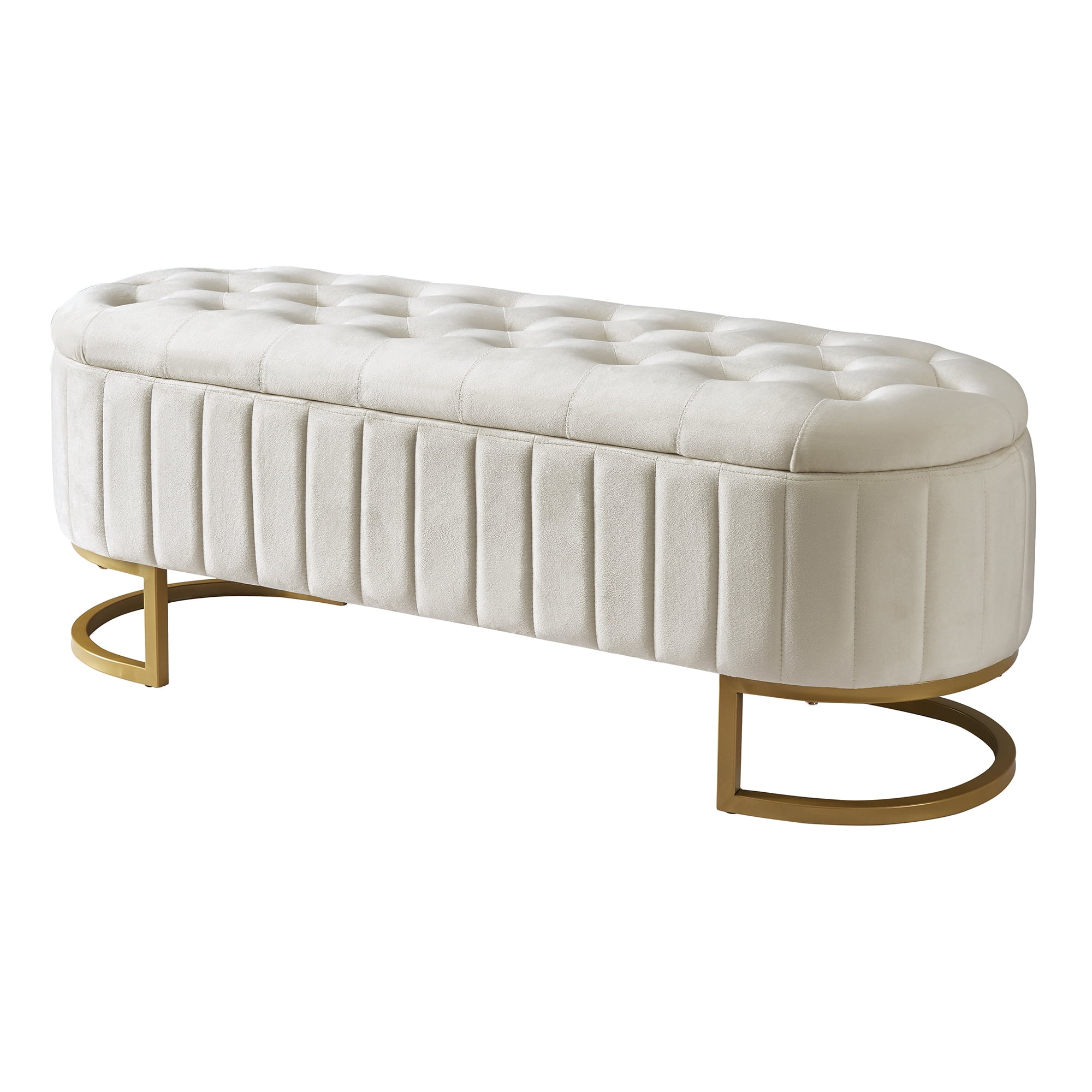 Euroco Upholstered Velvet Storage Ottoman Bench,End of Bed Bench with Metal Legs,Storage Chest for Bedroom,Living Room,Entryway,Beige