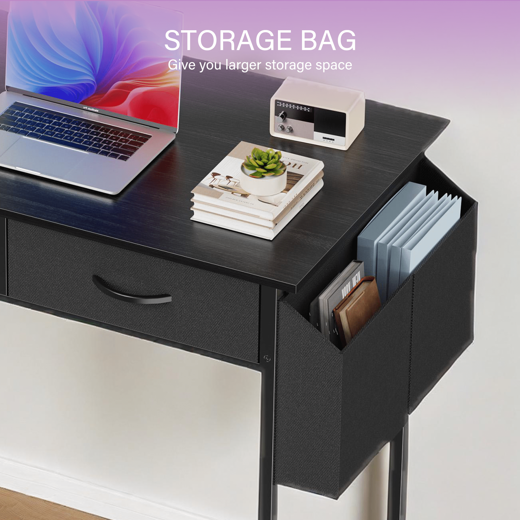 CONCETTA 32 inch Small Computer Desk with Fabric Drawers & Storage Bag Iron Hook for Bedroom, Black