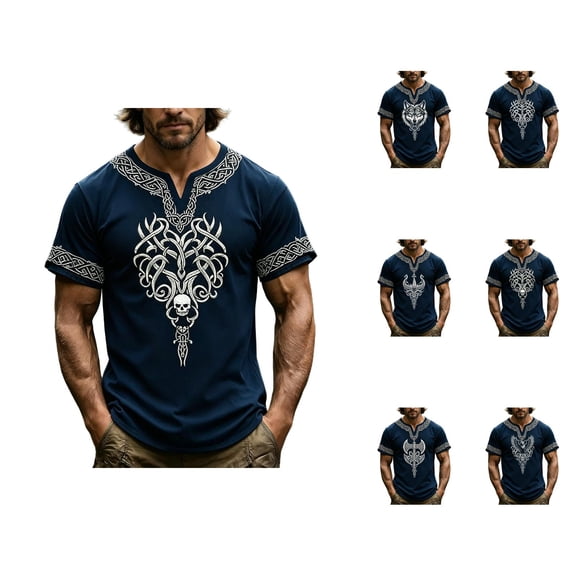 Viking Shirts for Men Summer Short Sleeve V Neck T-Shirts Vintage Norse Mythology Graphic Tee Shirt