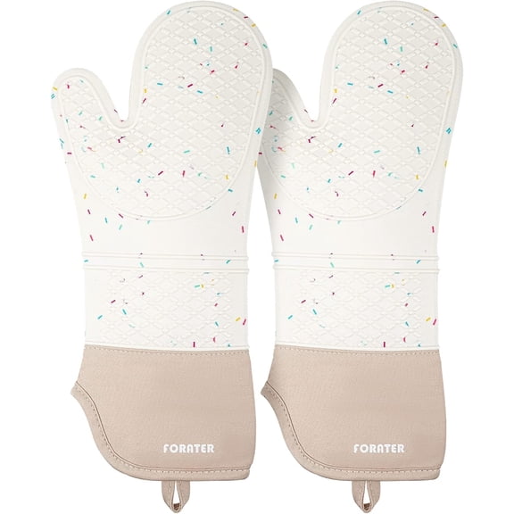 Extra Long Silicone Oven Mitts - Heat Resistant up to 500°F, 15'' Waterproof and Non-Slip Oven Gloves with Soft Quilted Liner - Perfect for BBQ, Cooking, Baking, and Grilling - 1 Pair, White