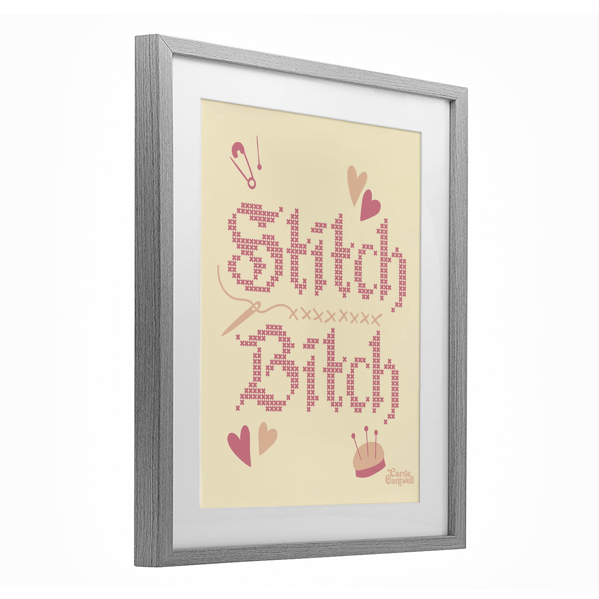 Stitch B*tch Embroidery Craft Gray Framed Print Under Glass, design by Carrie Cantwell
