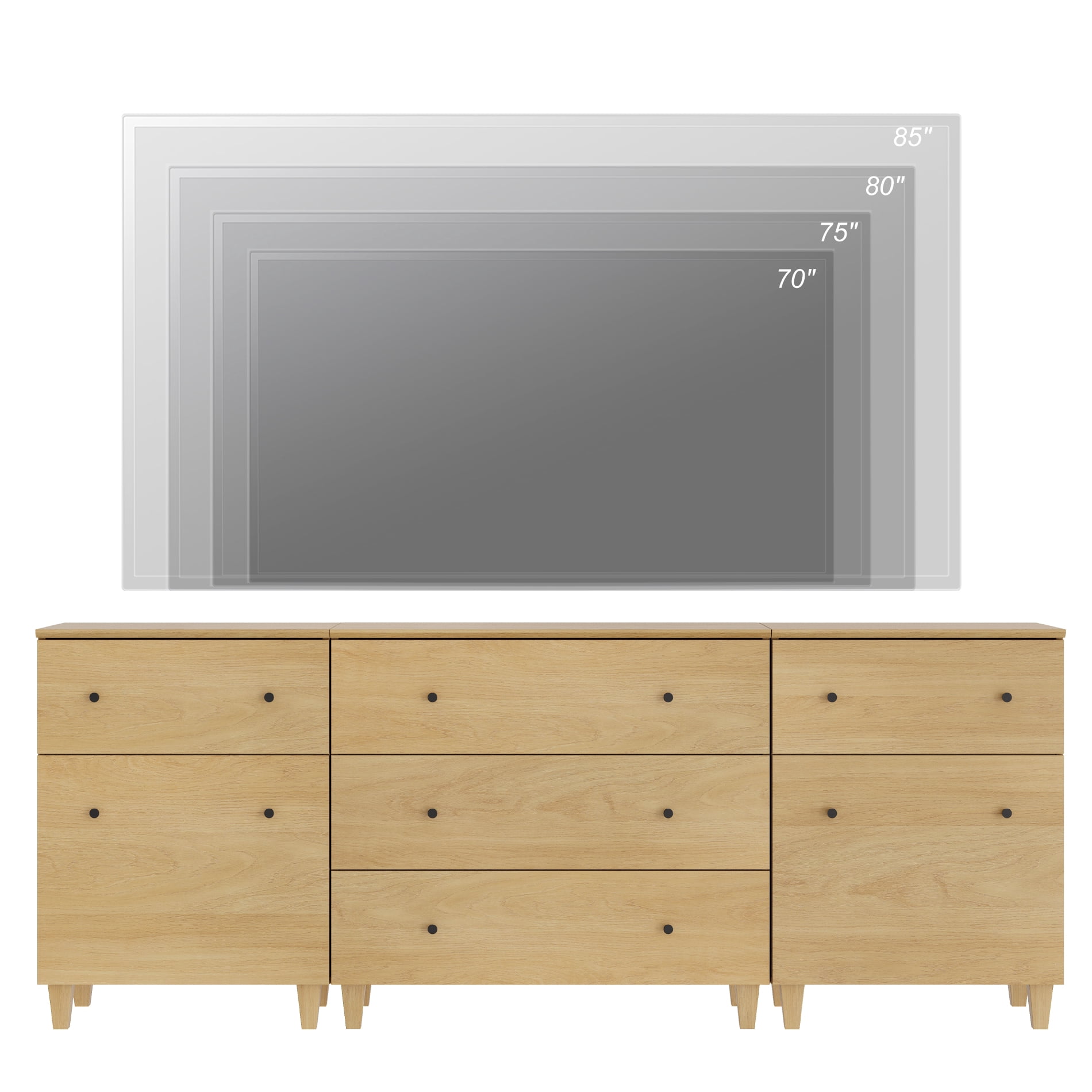 WAMPAT Wide TV Stand for 85+ Inches TVs, 3-in-1 Modern Wooden Media Console with 5 Spacious Drawers and 2 Storage Cabinets for Living Room, Oak