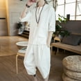 thumbnail image 2 of Two Piece Pants Sets Mens Two Piece Solid Cotton Linen 3/4 Sleeve V Neck Tops and Shorts Set, 2 of 10