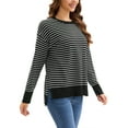 thumbnail image 4 of Suéter de punto a rayas para mujer ATHLECHIC, cuello redondo, oversized, con aberturas laterales, tops casuales de otoño, M negro-blanco, 4 of 5