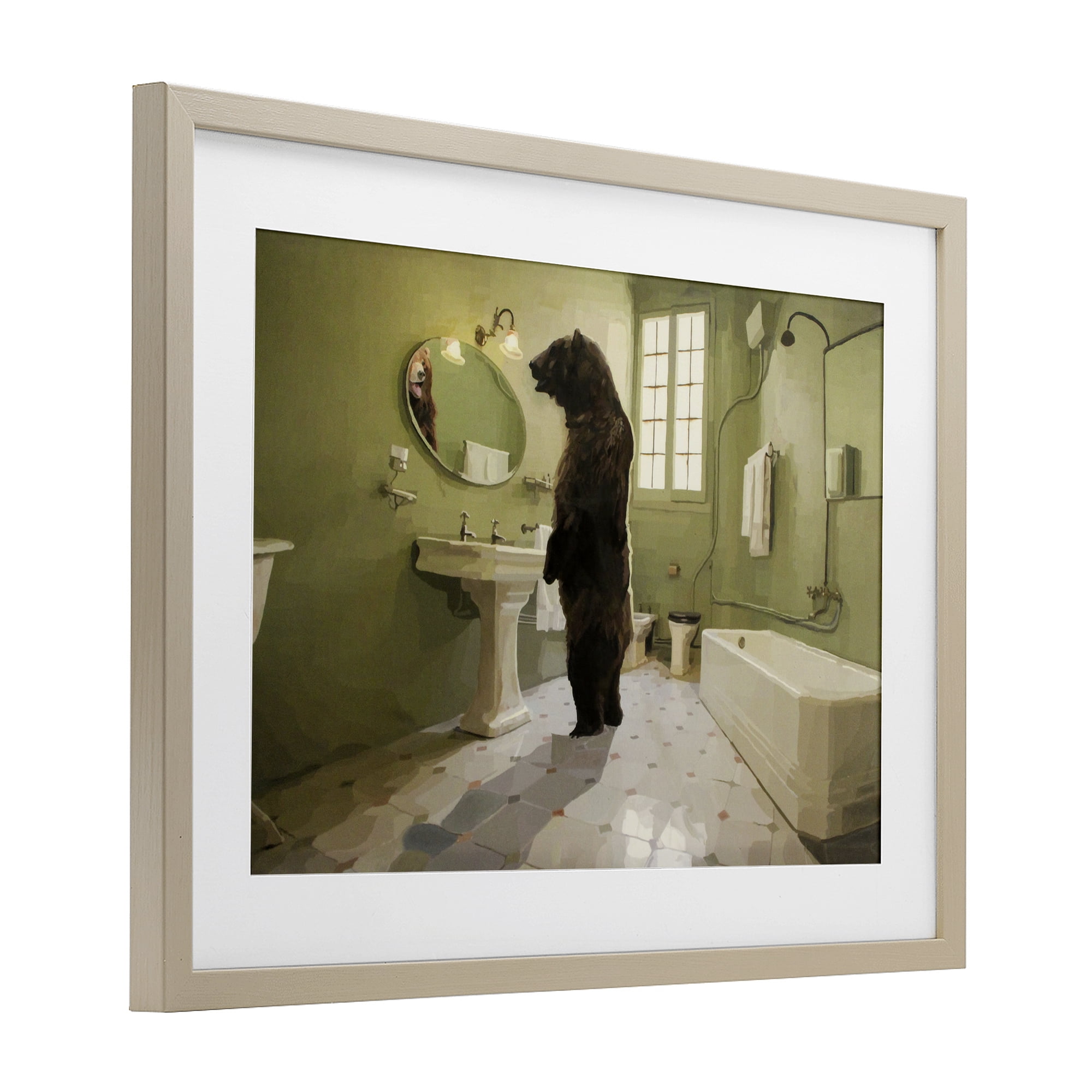 The Houseguest Bear in Bathroom Birch Framed Print Under Glass, design by Keith Thomson