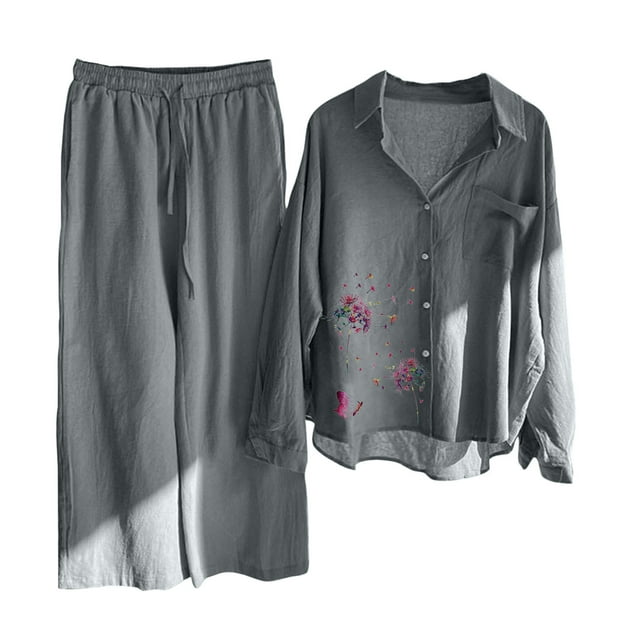 Puntoco Conjunto de camisa de 2 piezas con bolsillo de manga larga y pantalones largos de cintura alta para mujer Puntoco Puntoco-6658