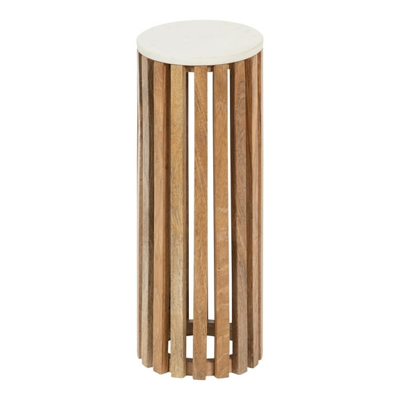 Kate and Laurel Paynter Marble Drink Table, 9 x 24, White and Natural Mango, Tall Slatted Plant Stand Table with Marble Top