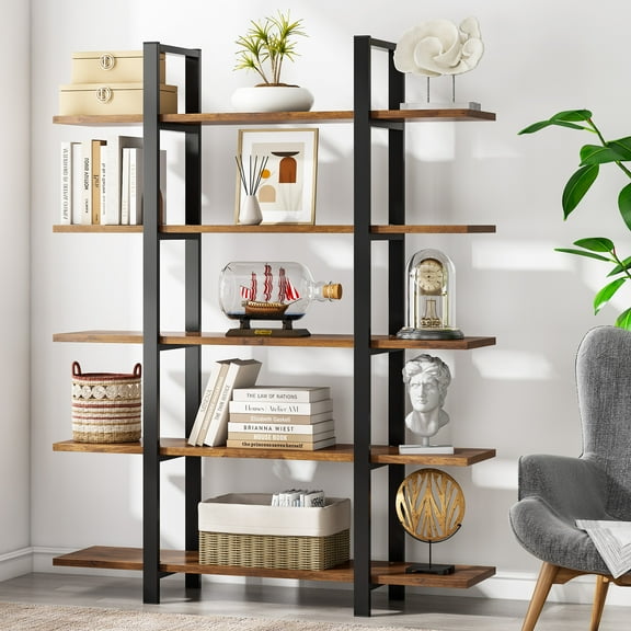 Tribesigns 5-Tier Bookshelf, Open Etagere Bookcase with Sturdy Metal Frame, Industrial Storage Display Shelves for Living Room Bedroom Home Office, Retro Brown
