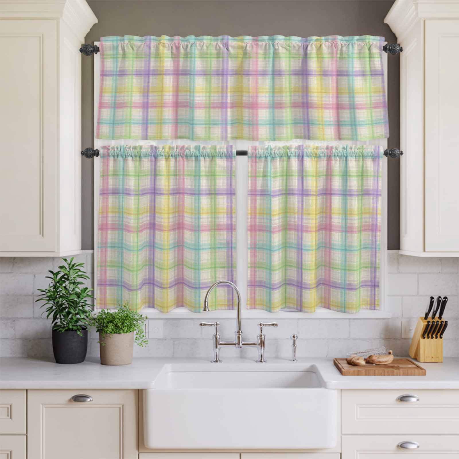 3 Piece Rainbow Plaid Kitchen Curtain Valance and Tiers Set Yellow Pink Blue Green Purple Plaid Linen Texture Rod Pocket Tier Curtain 36 Inch Small Window Drapes for Living Room Bedroom Cafe Decor