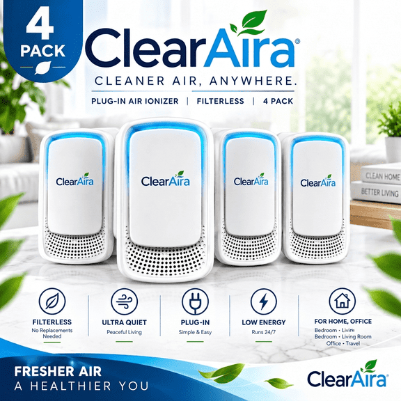 ClearAira Plug-In Air Ionizer (4 Pack) – Filterless Air Cleaner for Home, Bedroom, Office & Bathroom – Ultra Quiet