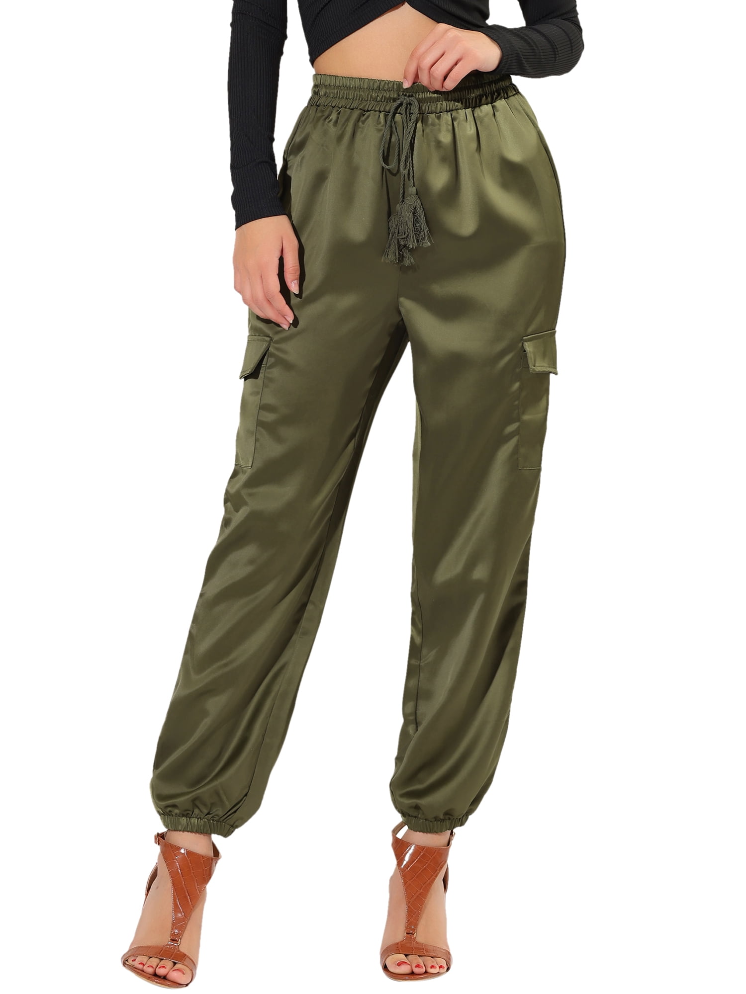 Allegra K Women's Drawstring Elastic High Silky Satin Cargo Solid Pants - Walmart.com