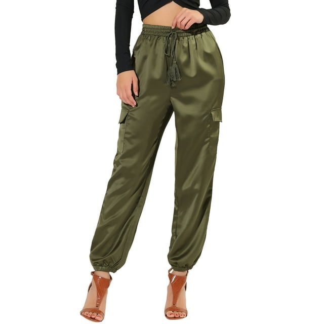 Pantalones cargo de satén para mujer Inspire Chic, de cintura alta, con cintura elástica, casuales, 3XL, verdes